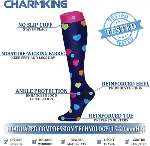 Vista 4 de CHARMKING Calcetines de compresión para mujeres y hombres para circulación (8 pares) 15-20 mmHg, mejor soporte para ciclismo atlético