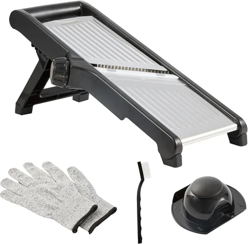Vista 28 de Restaurantware Rebanadora de mandolina ajustable de acero inoxidable, cortador de verduras estándar alemán con protector de cuchilla, guantes