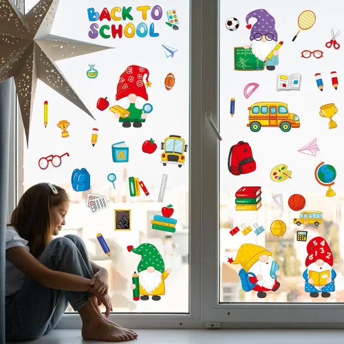 Vista 3 de 9 hojas de calcomanías de ventana de regreso a clases, libro de gnomos, autobús escolar, calcomanías de doble cara reutilizables estáticas ABC Apple
