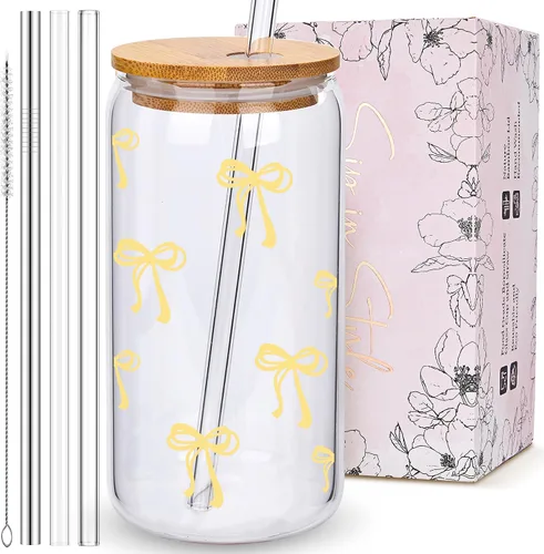 Vista 10 de BIPEDS Coquette Tazas de vidrio lindas con moño rosa y tapas y pajitas, taza de café helado estética, taza de diseño preppy femenino, regalos