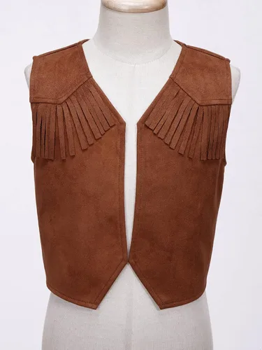 Vista 3 de Nikiikoo Disfraz de vaquero occidental para niños, chaleco de gamuza con borlas, chaqueta con sombrero, bandana, trajes de Halloween