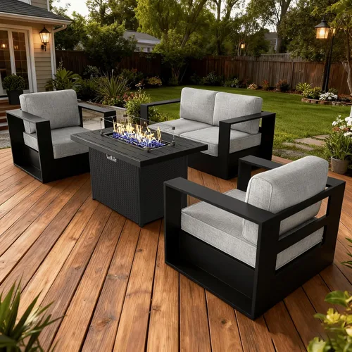 Vista 25 de LayinSun - Juego de muebles de exterior de aluminio de gran tamaño de 5 piezas con mesa auxiliar Negro/Gris oscuro