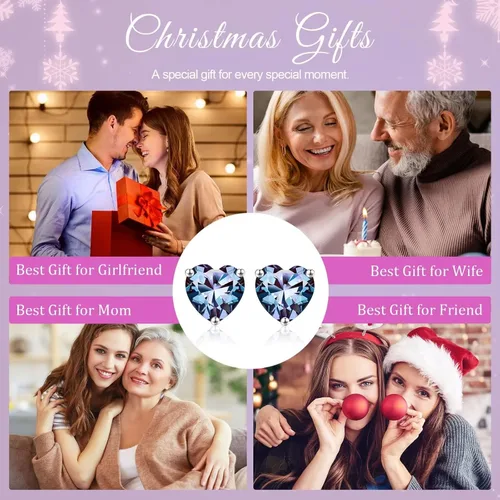Vista 7 de Aretes de plata de ley 925 con piedra natal de corazón para mujer, aretes de tuerca con piedra natal de corazón para mujeres, adolescentes, niñas
