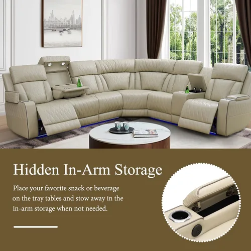 Vista 4 de Sofá seccional de cuero transpirable con sillón reclinable de doble potencia, sofá reclinable en forma de L de 6 plazas para sala de estar, sofá