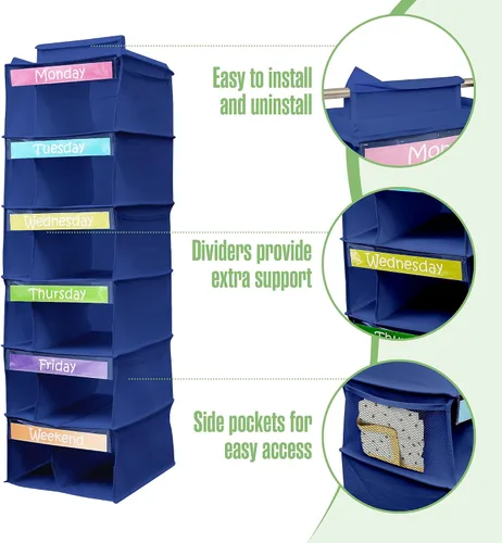 Vista 4 de Houseables Organizador de ropa para niños, organizador semanal de ropa para niños, almacenamiento diario de ropa, de lunes a viernes, día de la Azul
