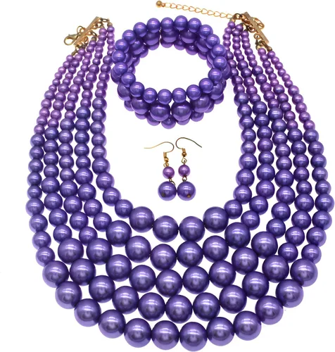 Vista 14 de JNF Collares grandes de perlas de imitación para mujer, collar de perlas de múltiples hebras, pulsera y aretes, collar de perlas para disfraz Negro