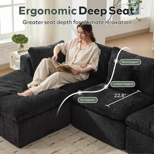 Vista 6 de STHOUYN Sofás Seccionales Modernos Negros de 114" sin Estructura para Sala de Estar, Sofá Nube Modular Negro en Forma de L con Otomana, Cómodo Sofá