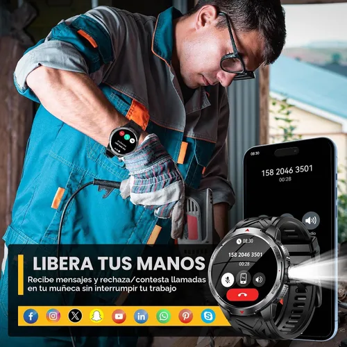 Vista 8 de Reloj inteligente militar para hombres con batería de 1100 mAh/linterna LED