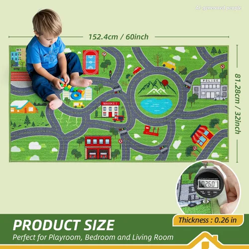 Vista 3 de BEQHAUSE Alfombra de juego para niños, alfombra de tráfico de ciudad verde, ideal para jugar con autos, alfombra de área de juegos de 32 x 60