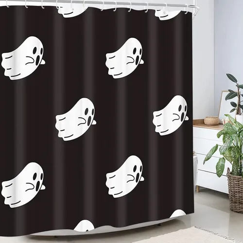 Vista 5 de Cortina de ducha decorativa, divertidos iconos de fantasmas blancos, lindo patrón espeluznante de Halloween, juego de cortina de ducha de poliéster 1