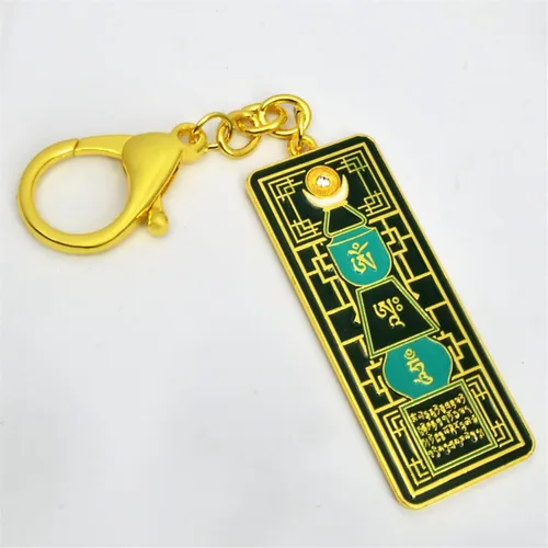 Vista 4 de Fengshuibringluck Llavero de pagoda esmeralda con regalo de amuleto Om Ah Hum - Adorno religioso colgante - Madera - Año Nuevo, Verde, Moderno