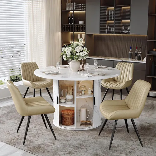 Vista 40 de Miereirl Juego de mesa y sillas de comedor moderno redondo, con una mesa de comedor de madera equipada con compartimentos de almacenamiento