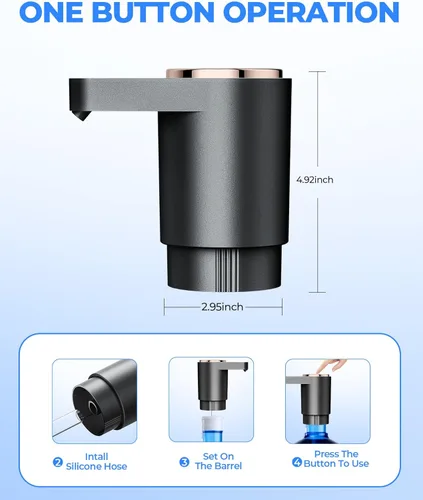 Vista 4 de Bomba de botella de agua, dispensador de agua eléctrico portátil para botellas de 5 galones, carga USB, interruptor automático, batería recargable