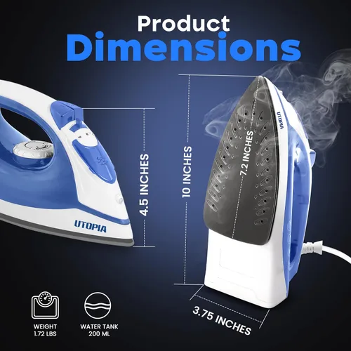 Vista 2 de Utopia Home Plancha de vapor para ropa con suela antiadherente, plancha de ropa de 1200 W con control de termostato ajustable, protección