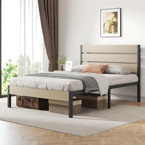 Vista 3 de Fluest Base de cama con cabecera y estribo, con almacenamiento debajo de la cama, sistema de soporte totalmente metálico, no necesita somier, fácil