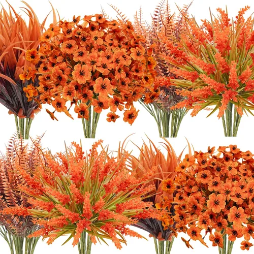 Vista 8 de 20 paquetes de flores artificiales de lavanda para exteriores, flores de otoño sintéticas resistentes a los rayos UV, arbustos de plástico falsos