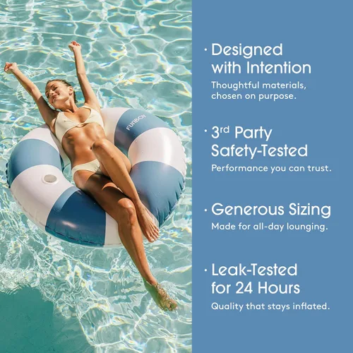 Vista 4 de FUNBOY Flotador inflable gigante de rayas azules con soporte para tazas, tubo interior de 48 pulgadas para adultos, tumbona de piscina