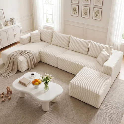 Vista 10 de Sofá modular en forma de L de 118 pulgadas, moderno sofá modular de pana de espuma viscoelástica de 4 plazas con otomana, asiento profundo tapizado
