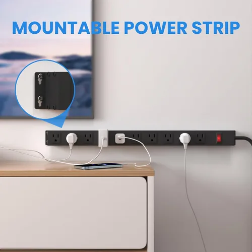 Vista 5 de Tira de alimentación de 10 tomas de 6 pies de largo, cable de extensión resistente para montaje en pared, enchufe de metal para cocina, oficina