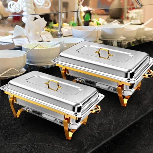 Vista 7 de Juego de 2 Platos de Roce de 8 Qt para Buffet, Juego de Chafer para Catering de Acero Inoxidable de Tamaño Completo Dorado, Rectangular