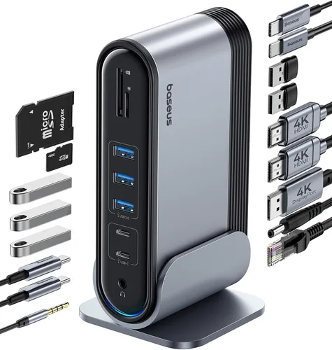 Vista 9 de Baseus - Estación de acoplamiento para computadora portátil 7 en 1, 3 monitores, USB C HUB con HDMI 4K, VGA, 100 W PD, 3 USB para iPhone