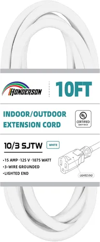 Vista 16 de Cable de extensión resistente a la intemperie con extremo iluminado, certificado UL, calibre 10, 3 pies, color blanco, 3 clavijas, resistente, cable