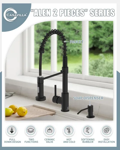 Vista 2 de Grifo de cocina negro, grifo de cocina con dispensador de jabón, grifo para fregadero de cocina, grifos de fregadero de cocina de acero inoxidable