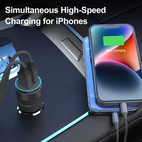 Vista 3 de [Certificado Apple MFi] Cargador rápido para automóvil, adaptador de corriente de carga rápida USB 4.8A dual con 2 cables Lightning Carplay de 3