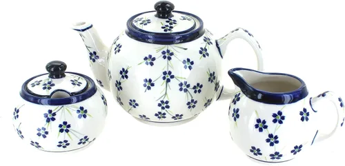 Vista 3 de Juego de té pequeño de tres piezas de pavo real de cerámica polaca de rosa azul