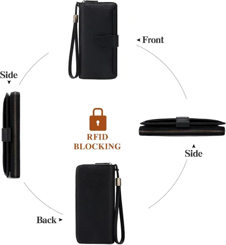 Vista 6 de GOIACII Cartera para mujer de gran capacidad con bloqueo RFID para mujer, tarjetero de embrague para teléfono, cartera larga de viaje, A03 negro