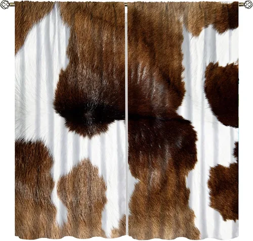 Vista 9 de YCness Cortinas de ventana de piel de vaca, estampado de vaca marrón, piel de animal de granja, cortinas opacas para ventana, diseño de vaquero