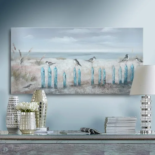 Vista 10 de AMATOP Arte de pared turquesa 100% pintado a mano, pintura al óleo de paisaje forestal en lienzo, obra de arte enmarcada original, pájaro dorado