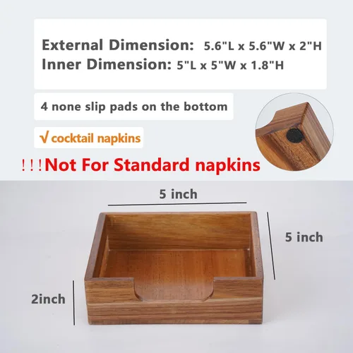 Vista 5 de Servilletero de cóctel de acacia para mesa, servilletero de madera, bandeja cuadrada plana para servilletas de bebidas, portaservilletas de cóctel