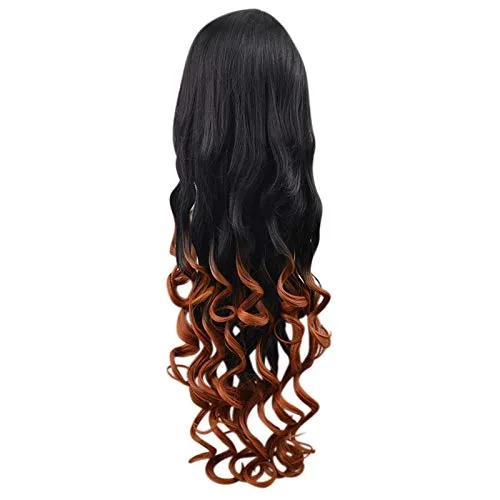 Vista 5 de Peluca de color naranja y negro degradado para mujer, cabello largo y rizado
