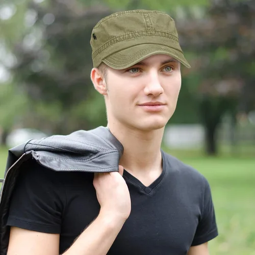 Vista 16 de Geyoga 3 unidades Cadet Army - Gorras de algodón lavado militar para tapas planas ajustables estilo militar sombrero unisex