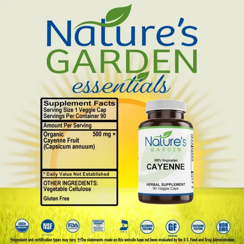 Vista 2 de NATURE'S GARDEN ESSENTIALS Cayenne - 90 cápsulas vegetales con 500 mg de pimienta de cayena orgánica en polvo
