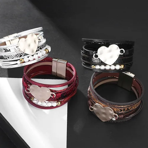 Vista 6 de Long tiantian Heart Leather Wrap Bracelets Pink Bracelets Stackable Boho Cuff Bangles Bracelets for Women Trendy Bracelets with Magnetic Clasp for
