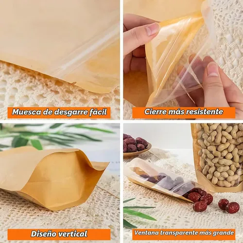 Vista 3 de 100 bolsas de pie, bolsas de papel kraft de 3.5 x 5.5 pulgadas con ventana transparente, bolsas reutilizables con cremallera para almacenamiento