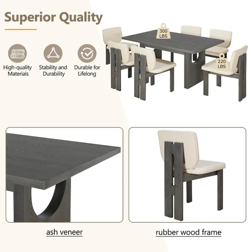 Vista 4 de Merax Juego de comedor retro de 7 piezas para 6, mesa rectangular de madera de goma con base de caballete diseñada y 6 sillas tapizadas para comedor