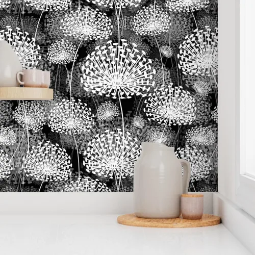 Vista 8 de Spoonflower Papel tapiz para despegar y pegar, diseño de dientes de león blanco y negro, flores de estilo vintage, floral, naturaleza, papel tapiz