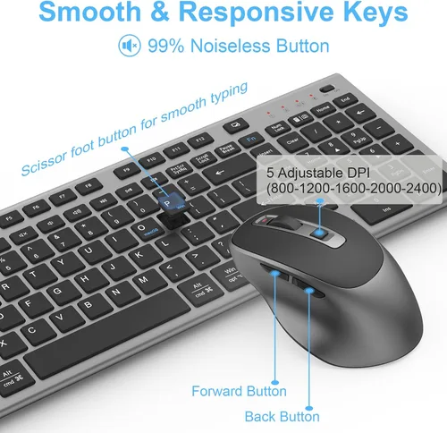 Vista 4 de FENIFOX - Teclado y mouse inalámbricos recargables, con teclado numérico, color gris Quiet Silent, Slim Thin Flat Low Profile Soft Key, USB C