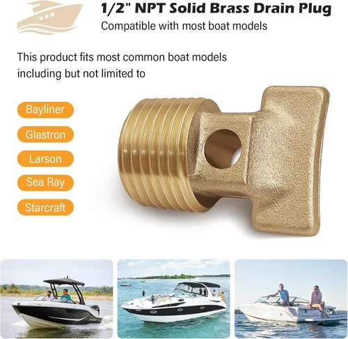Vista 5 de Tapón de drenaje para garboard de barco, rosca NPT de 1/2", tapones de drenaje de latón macizo comúnmente utilizados en tapones de drenaje de cascos