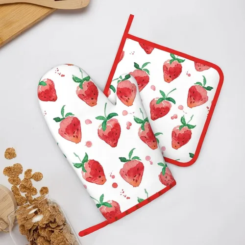 Vista 2 de Manoplas de horno de fresa, juegos de soportes para ollas de fresa, almohadillas calientes resistentes a la cocina con guantes de barbacoa