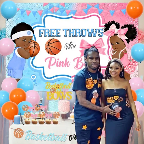 Vista 4 de Decoraciones de baloncesto o moños para revelación de género – telón de fondo de mantas gratis o lazos rosados, pancarta, decoración de pastel