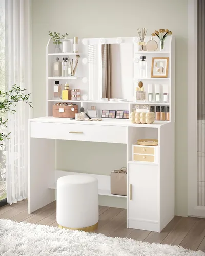 Vista 5 de Escritorio de tocador con espejo HD, tocador de maquillaje con luces LED, 3 niveles de brillo ajustable, mesa de vestir con estanterías ocultas