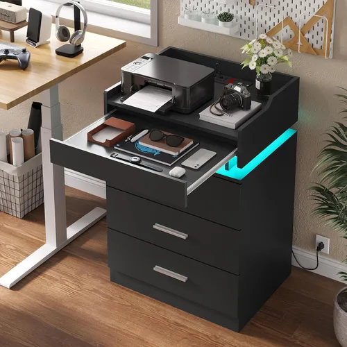 Vista 6 de HAUOMS Mesita de noche grande con estación de carga y luz LED, mesa auxiliar con 3 cajones y estante extraíble, mesita de noche con puertos USB