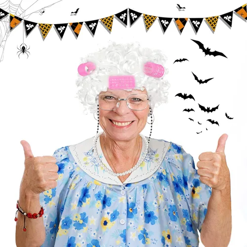 Vista 4 de Jiuguva 7 Pcs Old Lady Costume for Kids Girls, 100th Days of School Costume for Kids Granny Nightgown Wig Cane Grandma Dress