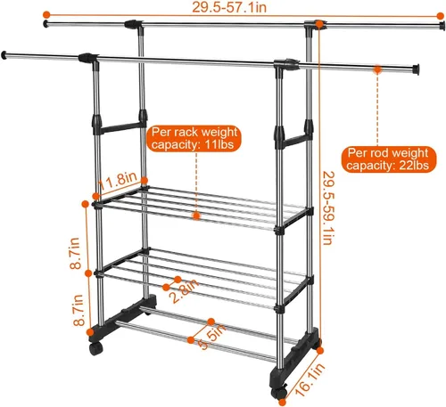 Vista 5 de Perchero de doble barra para colgar ropa, estante portátil para armario de carga máxima de 77 libras, perchero de metal resistente para dormitorio