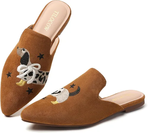 Vista 18 de Tilocow Mules para mujer, cómodos mocasines puntiagudos, sin espalda, planos, zapatos casuales de negocios, deslizantes, sin cordones beige