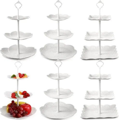 Vista 9 de Sawysine Paquete de 6 bandejas para servir de 3 niveles, torre de servicio de 3 niveles, soporte de postre a granel, bandeja de plástico grueso